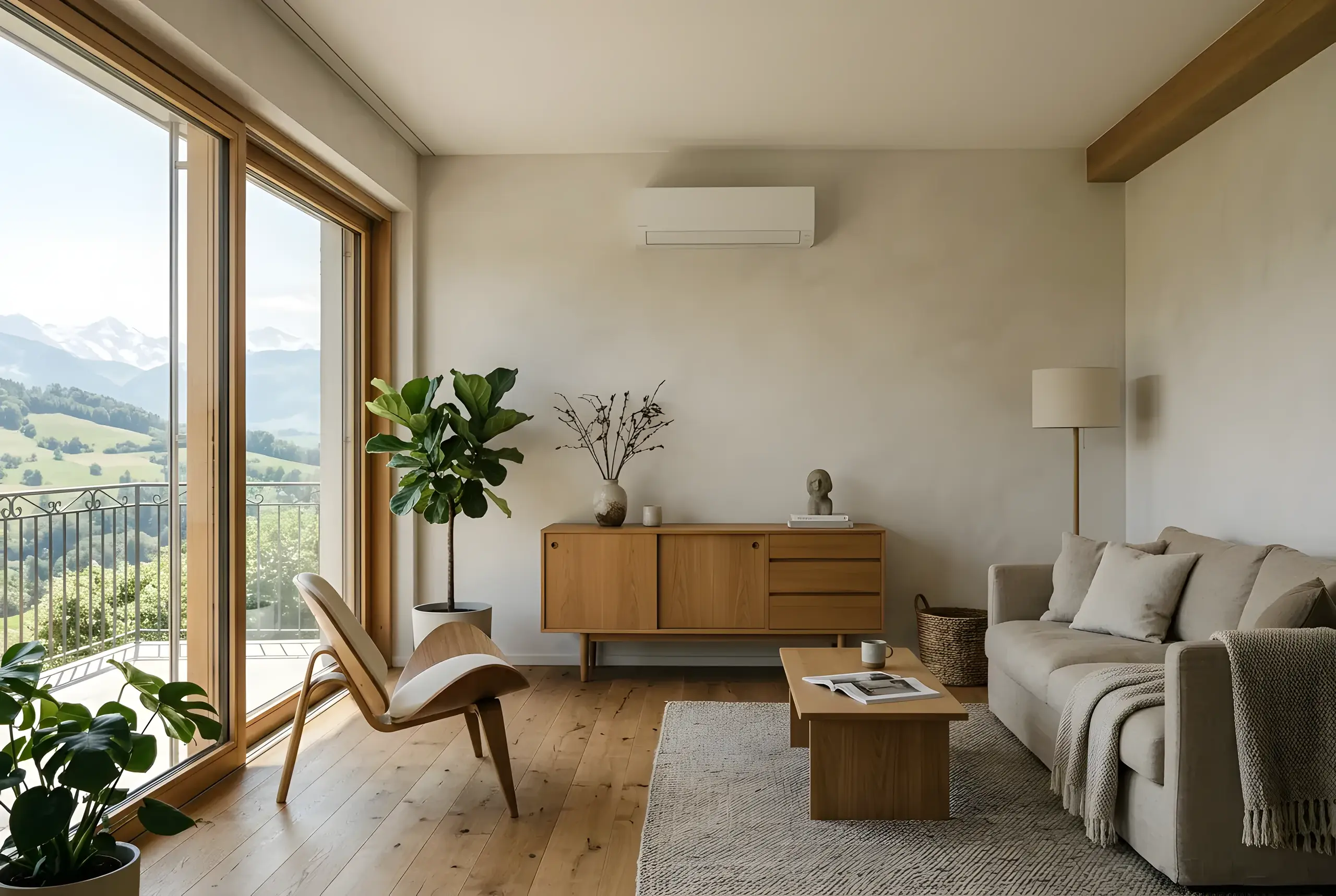 Unité de climatisation murale discrète dans le salon d'une villa contemporaine
