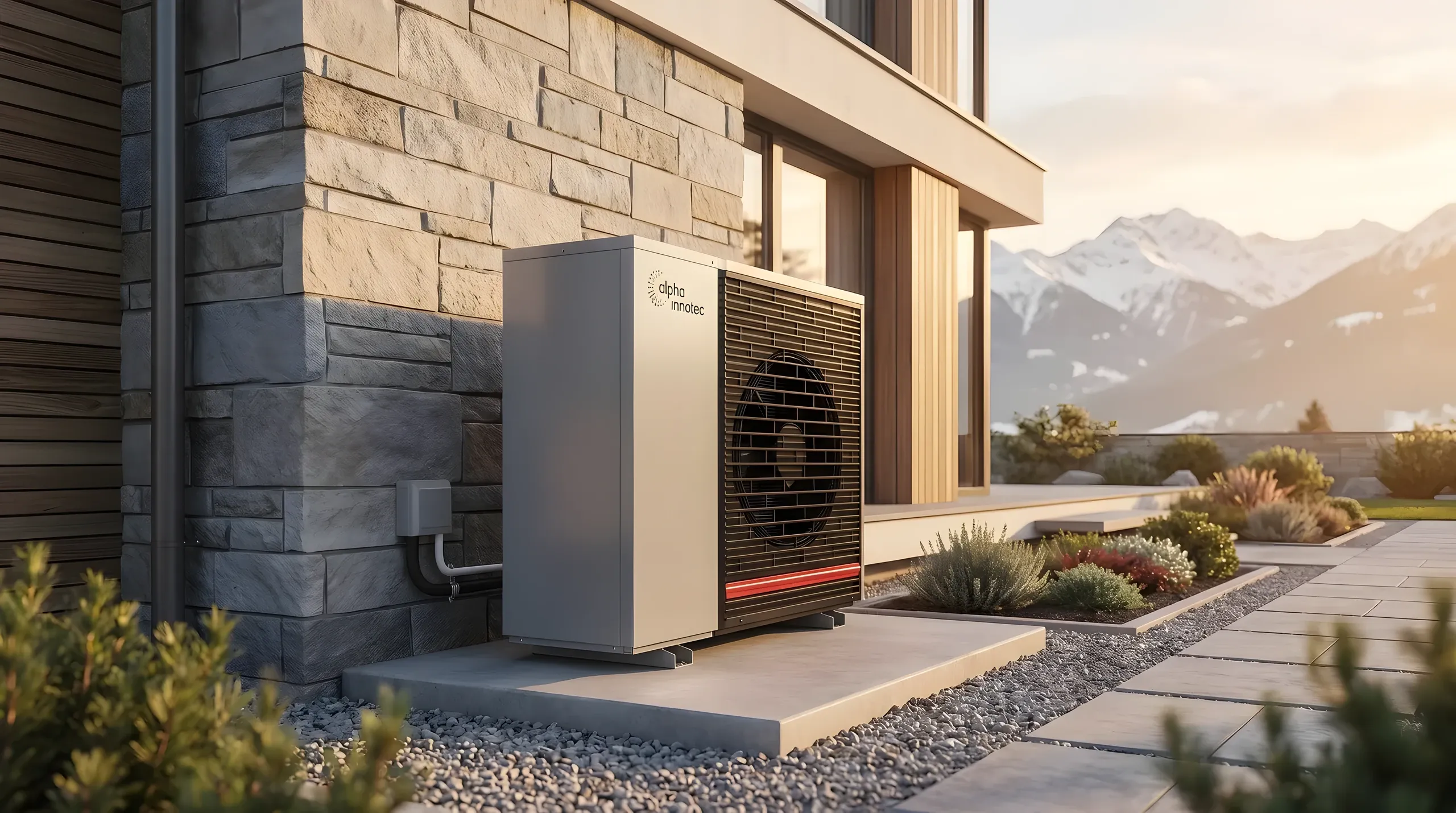 Pompe à chaleur air-eau extérieure devant une villa