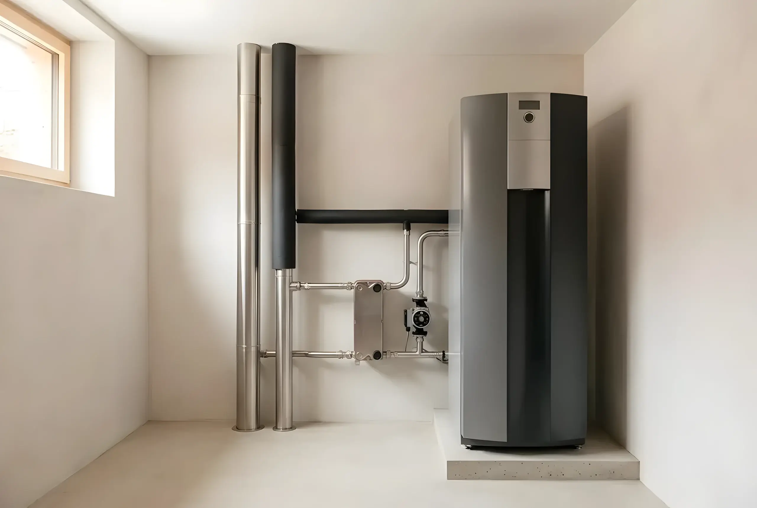 Module intérieur de pompe à chaleur eau-eau dans un local technique de villa suisse, avec échangeur à plaques, circulateur et conduites en acier inox
