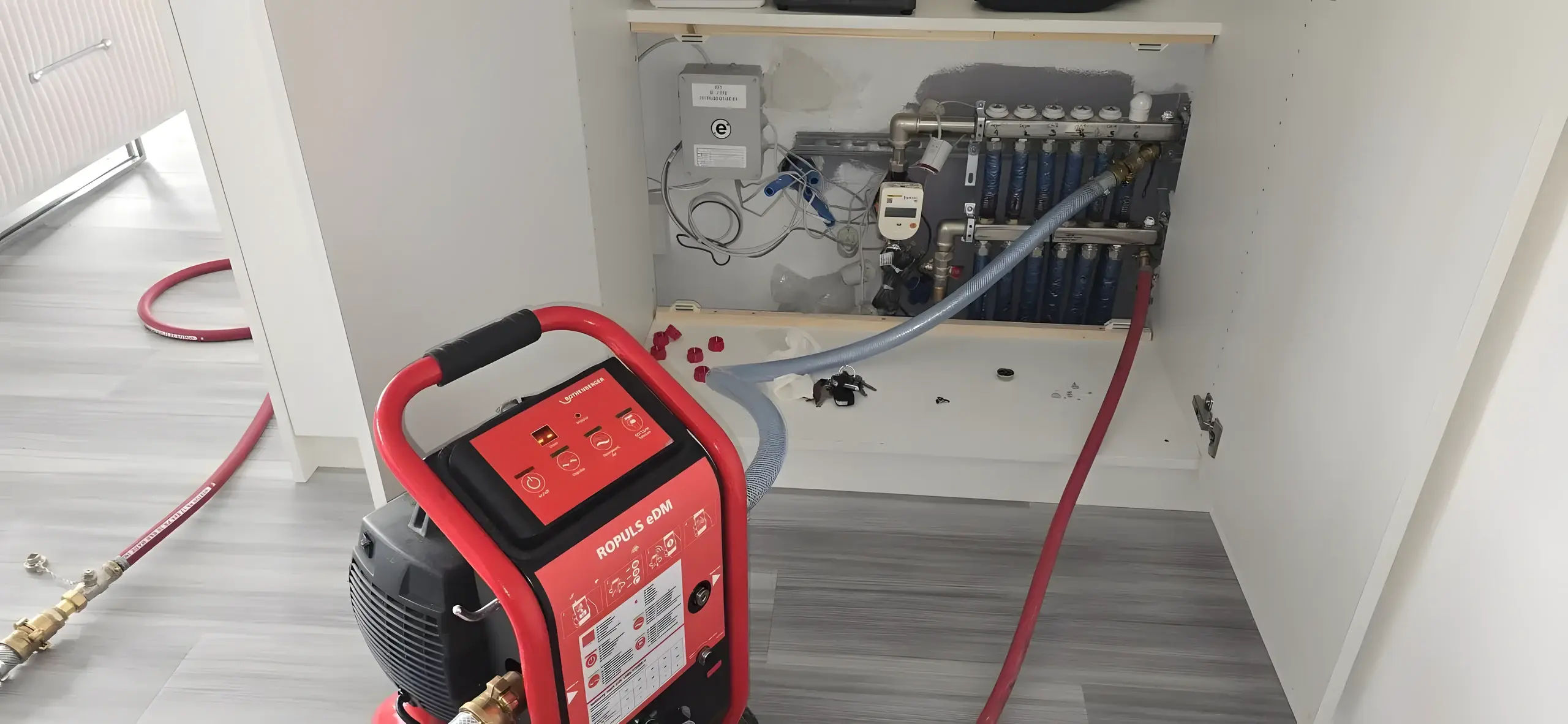Eau chargée de boues sortie d'un circuit de chauffage au sol pendant un désembouage Thermalp