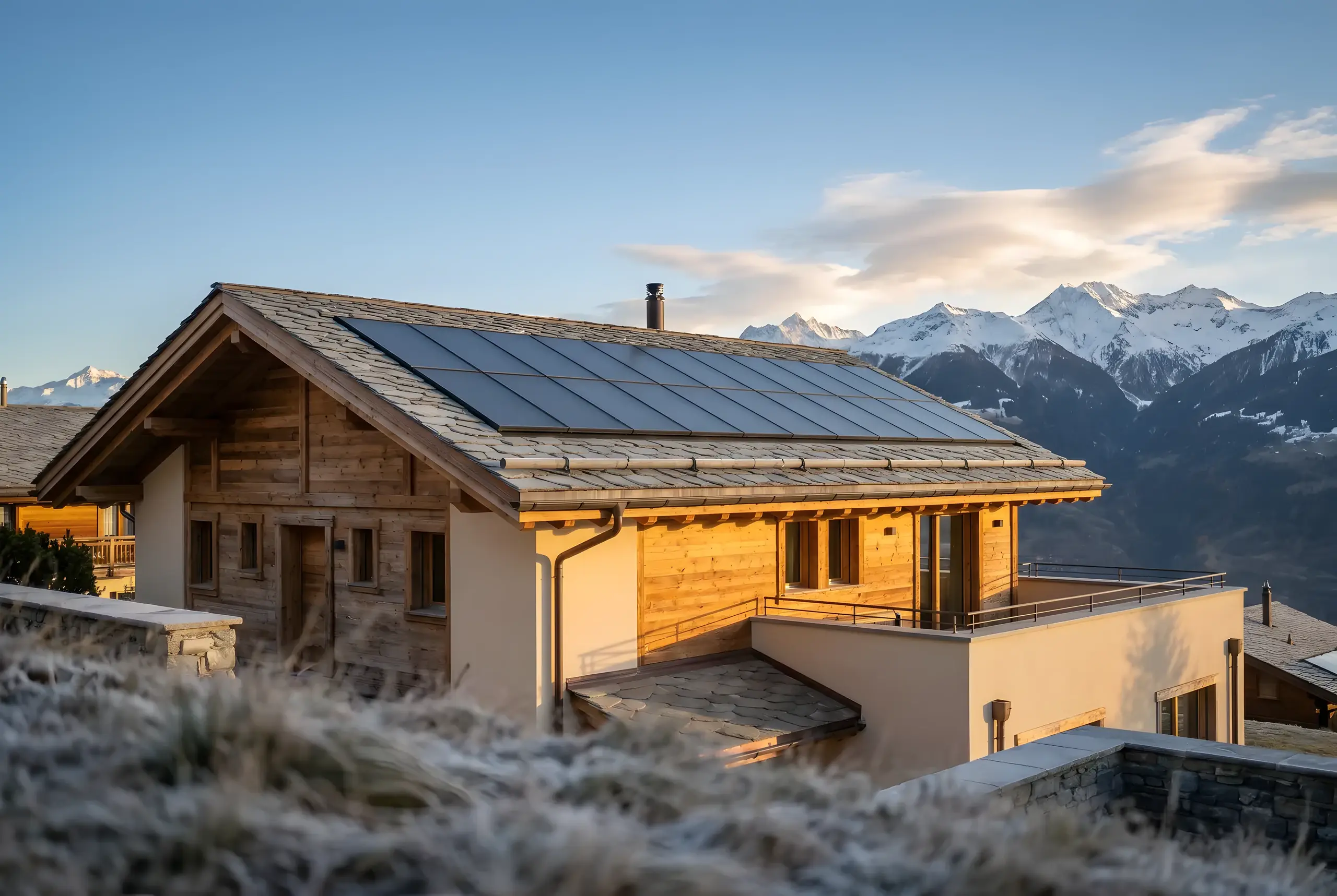 Capteurs solaires thermiques intégrés en toiture d'un chalet contemporain, Alpes en arrière-plan